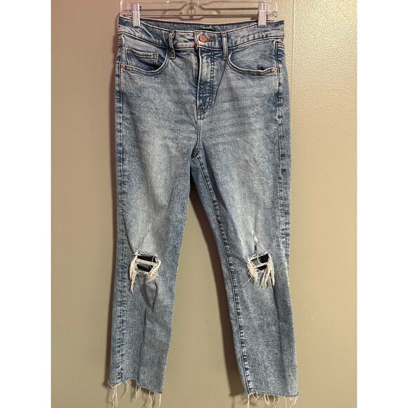 Express Denim - Express High Rise Straight Ankle Jeans Size 8R Distressed Light Wash Raw Hem